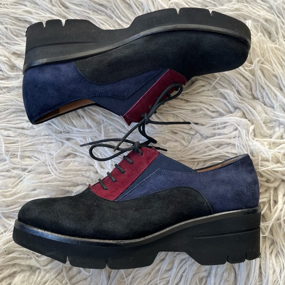 Pas De Rouge Blue Black Color Block Lace Up Heeled Oxford Loafer Shoes EUC 37.5